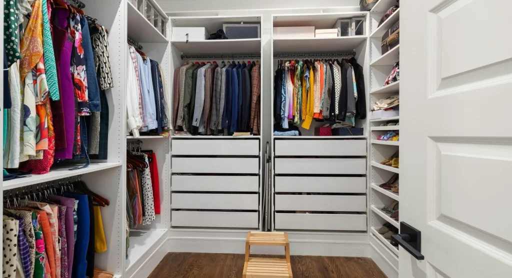 Split image of a cluttered closet and an organized closet