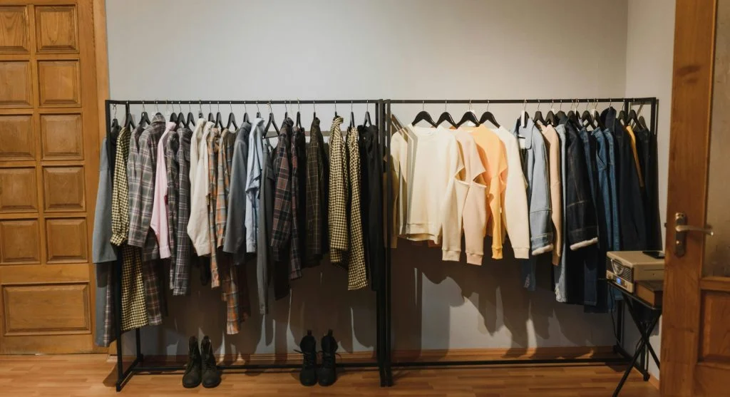 organized wardrobe with everyday clothes