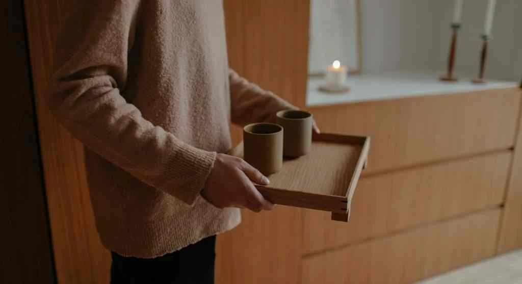 Return-later tray reducing visible evening clutter by holding a few misplaced items together