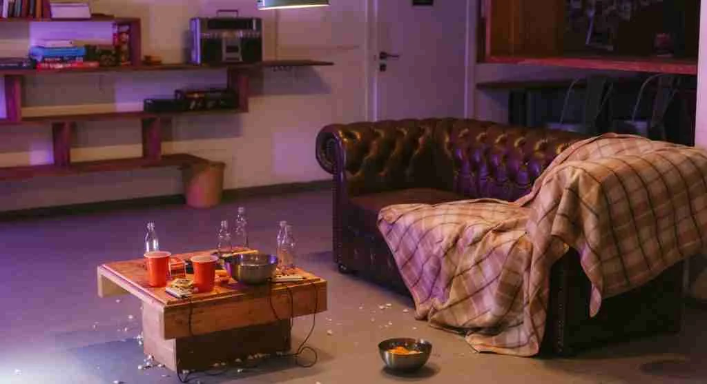 End-of-room reset point shown before and after gathering scattered evening clutter